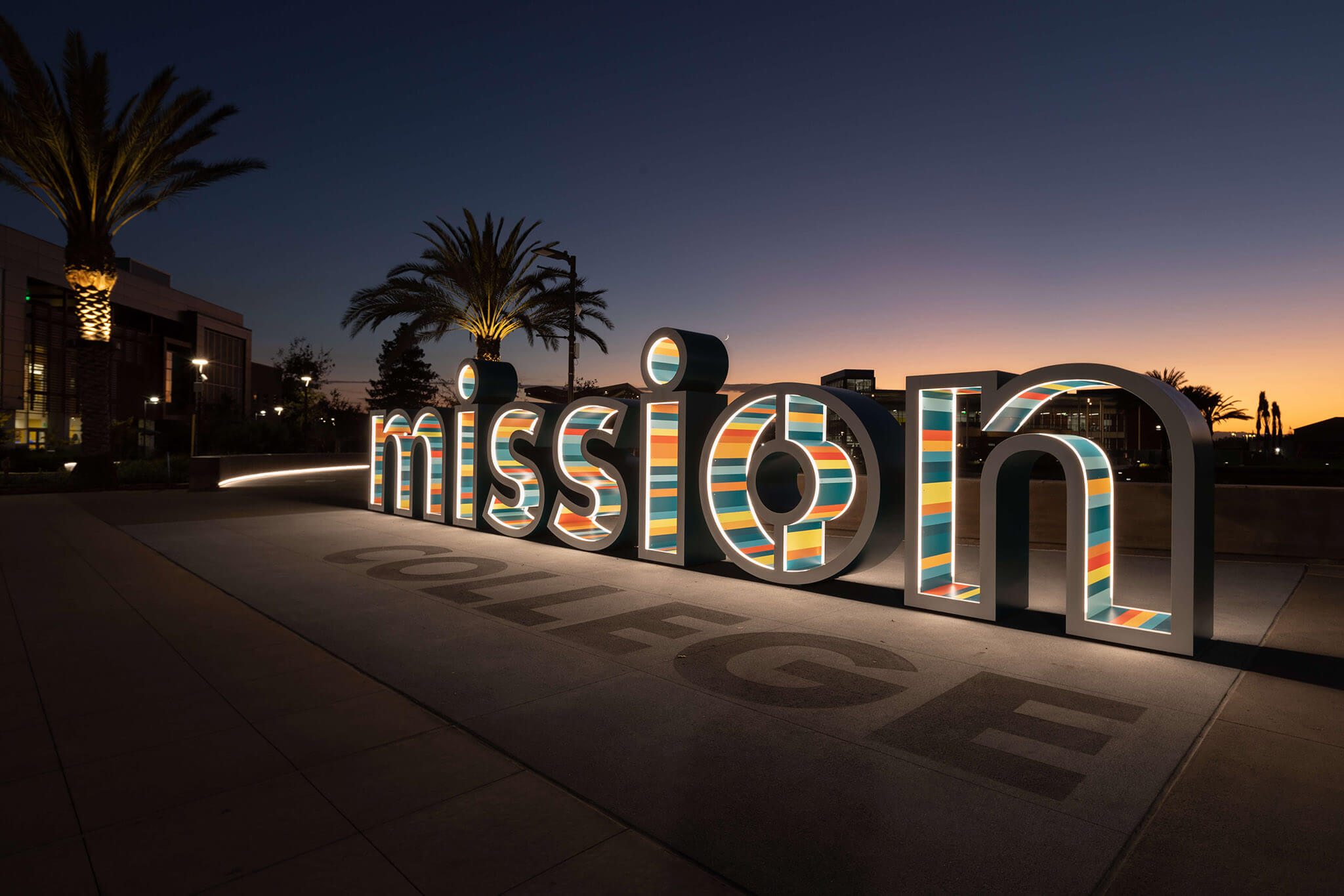 Mission College sign at sunset